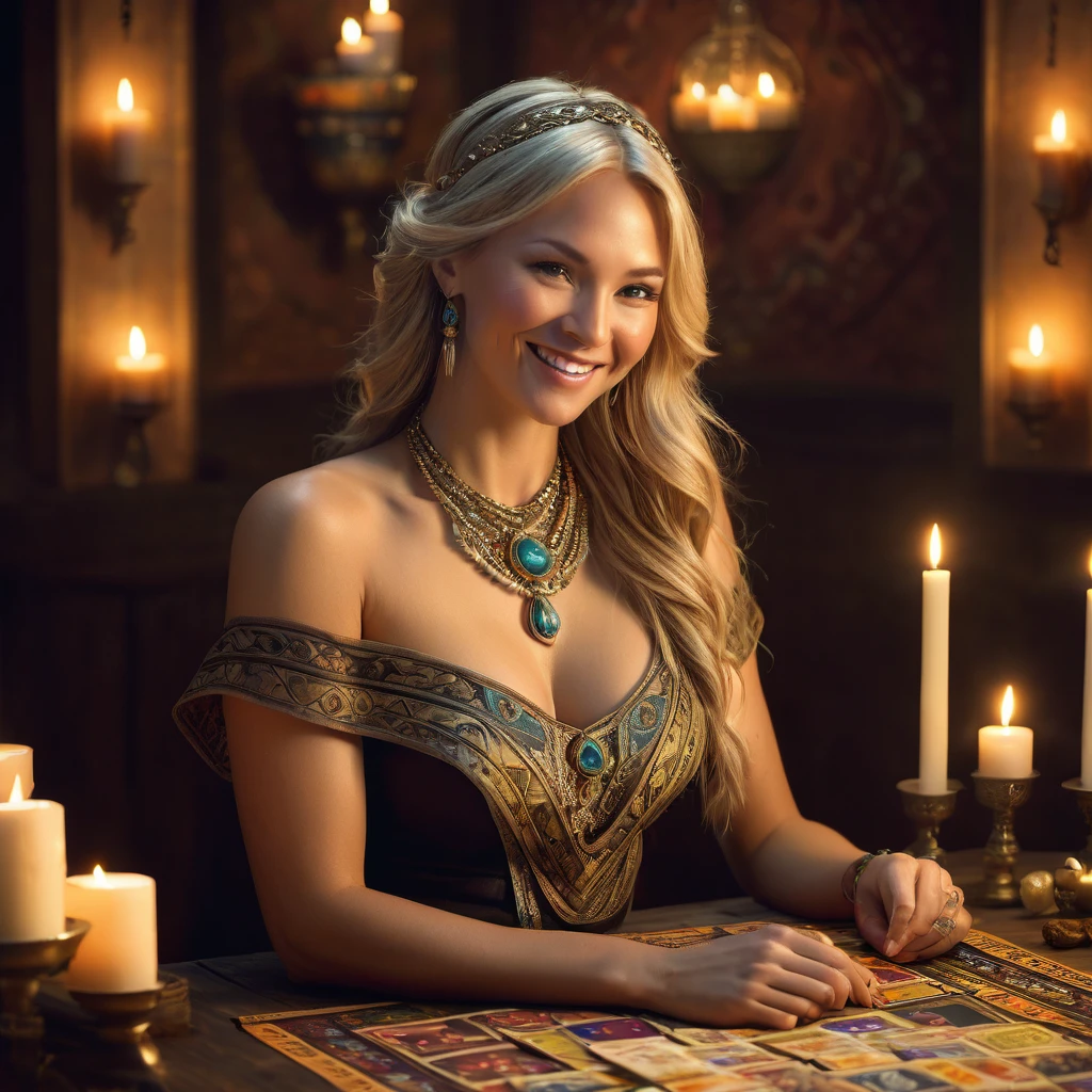 top quality, masterpiece, hi-res, 1 topless woman, 35 years old, Norwegian, western style fortune teller outfit, hair ornament, necklace, jewelry, beautiful face, calm smile, upon_body, Tyndall effect, photorealistic, divination room, candles on table, tarot cards, rim lighting, two tone Lighting, (High Definition Skin:1.2), 8k uhd, DSLR, soft lighting, high quality, volumetric lighting, candid, photography, high resolution, 4k, 8k, bokeh