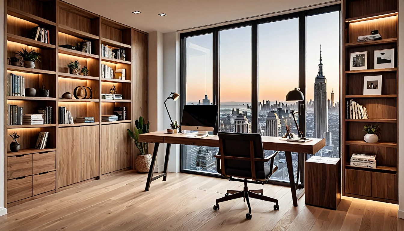 A modern, well-lit home office with a minimalist design. The back wall features a large window with a view of a cityscape, bringing in natural light. To the left, there is a sleek wooden door with a glass panel. The right side of the room has a stylish bookshelf with a few decorative items and books. The floor is wooden, matching the door. The lighting is warm and evenly distributed, giving a cozy and professional ambiance. Place the chair and desk setup in the center, ensuring the person sitting is positioned naturally within the scene.
