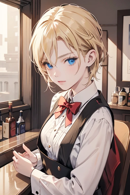 masterpiece, highest quality, 16k、High resolution, Cowboy Shot、Detailed face、Perfect Fingers、20-year-old woman、a beautiful woman dressed as a man 、blue eyes、Hanging eyes、blonde、short hair、Black tuxedo、Red bow tie、Black slacks、bar counter、Sit at the counter、Thugs in suits