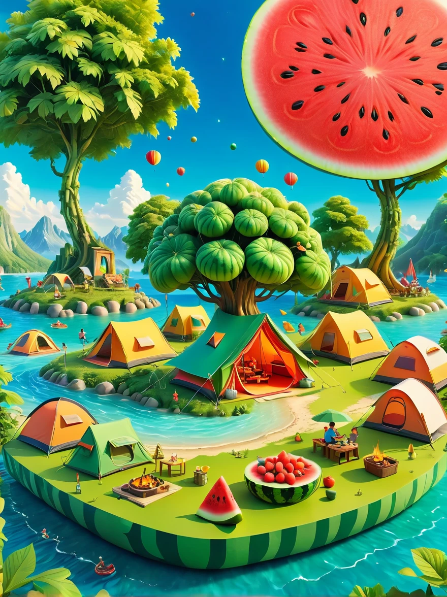 Scène miniature 3D，été，île，(Campings et tentes:1.5)，Sous le grand arbre，Des marchandises bien rangées，Enfants mangeant de la pastèque，heureux，couleurs vives，jeu de couleurs audacieux，Paysage miniature avec le ciel en arrière-plan，Scène réaliste onirique，Le tout rendu avec des objectifs grand angle et une profondeur de champ，Créez un style d&#39;illustration sur papier avec des effets photographiques à décalage axial et des détails ultra nets.，Couleurs vives，La palette de couleurs est audacieuse