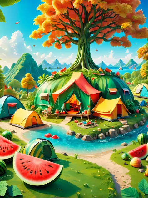 3D miniature scene，Summer，Island，(Campsites and tents:1.5)，Under the big tree，Neatly arranged goods，Children eating watermelon，h...