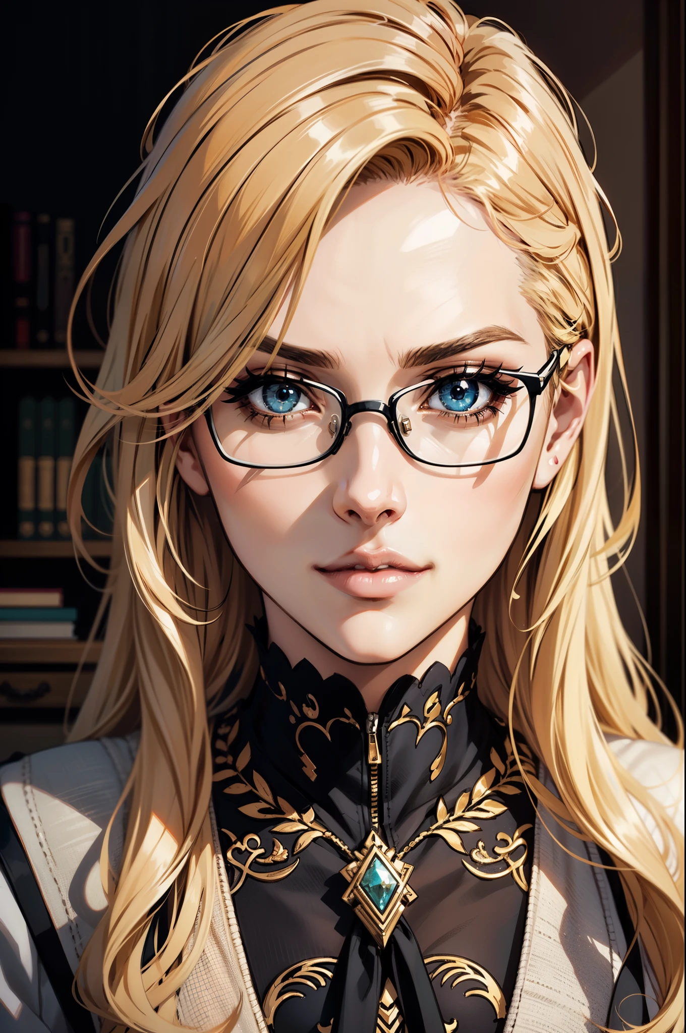 eine sehr attraktive blonde Anime-Reife Sekretärin, Schön detailed eyes, Schön detailed lips, extrem detailliertes Gesicht, lange Wimpern, bangs, Gläser, Büro Kleidung, Fachmann, gute Qualität, komplizierte Details, fotorealistisch, 8k, filmische Beleuchtung, dramatische Beleuchtung, warme Farbpalette, elegant, Schön