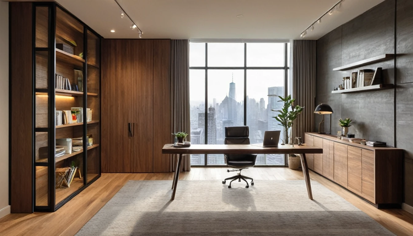 A modern, well-lit home office with a minimalist design. The back wall features a large window with a view of a cityscape, bringing in natural light. To the left, there is a sleek wooden door with a glass panel. The right side of the room has a stylish bookshelf with a few decorative items and books. The floor is wooden, matching the door. In the center of the room, there is a person sitting at a desk, facing the camera, in a comfortable office chair. The person is positioned naturally within the scene, creating a realistic workspace environment. The lighting is warm and evenly distributed, giving a cozy and professional ambiance.
