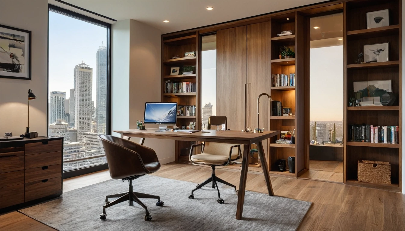 A modern, well-lit home office with a minimalist design. The back wall features a large window with a view of a cityscape, bringing in natural light. To the left, there is a sleek wooden door with a glass panel. The right side of the room has a stylish bookshelf with a few decorative items and books. The floor is wooden, matching the door. In the center of the room, there is a person sitting at a desk, facing the camera, in a comfortable office chair. The person is positioned naturally within the scene, creating a realistic workspace environment. The lighting is warm and evenly distributed, giving a cozy and professional ambiance.

