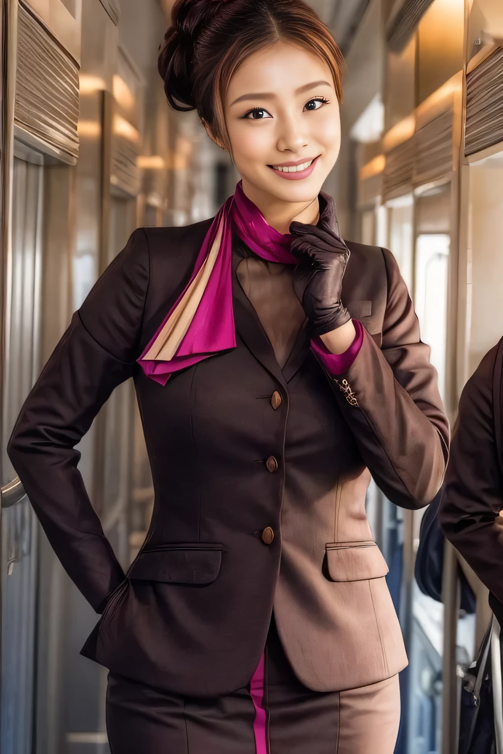 (шедевр:1.2、высшее качество:1.2)、32К HDR、Высокое разрешение、(один、1 девочка、Стройная фигура)、（Реалистичная копия униформы бортпроводников ETIHAD Airways.）、 (На борту, Профессиональное освещение)、Фон на борту、Правильная женщина, красивое лицо,、（Униформа бортпроводников ETIHAD Airways с длинными рукавами）、（Юбка ETIHAD Airways Cabincrew Uniform с фиолетовой полосой спереди）、（шарф на груди）、большая грудь、（длинные волосы вверх、Пучок волос）、темно-коричневые волосы、дальний план、（（Отличные руки：2.0））、（（Гармоничные пропорции тела.：1.5））、（（Нормальные конечности：2.0））、（（Нормальный палец：2.0））、（（нежные глаза：2.0））、（（Нормальные глаза：2.0））)、красивая осанка стоя、улыбка、Положите руки на живот
