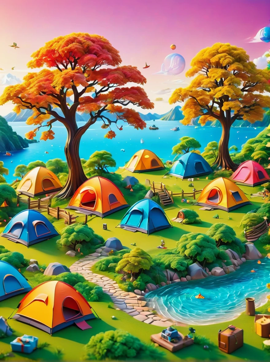 3D miniature scene，Summer，Island，(Campsites and tents:1.5)，Under the big tree，Neatly arranged goods，The child is playing，happy，Vibrant colors，Bold color scheme，Miniature landscape with sky as background，Dreamlike realistic scene，All rendered with wide-angle lenses and depth of field，Create a paper art illustration style with axial shift photography effects and ultra-sharp details，Bright colors，The color scheme is bold