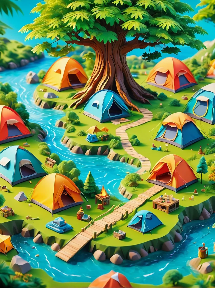 3D miniature scene，Summer，Island，(Campsites and tents:1.5)，Under the big tree，Neatly arranged goods，The  is playing，happy，Vibrant colors，Bold color scheme，Miniature landscape with sky as background，Dreamlike realistic scene，All rendered with wide-angle lenses and depth of field，Create a paper art illustration style with axial shift photography effects and ultra-sharp details，Bright colors，The color scheme is bold