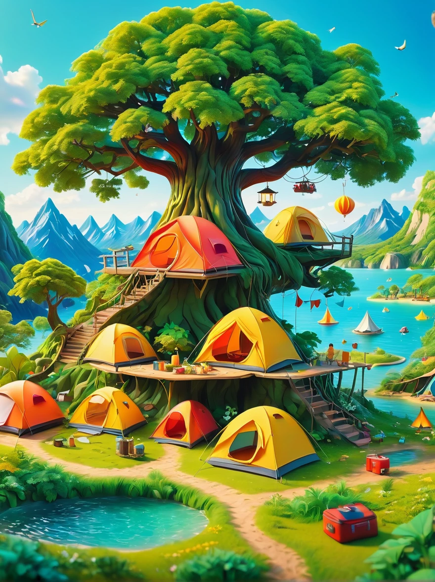 3D miniature scene，Summer，Island，(Campsites and tents:1.5)，Under the big tree，Neatly arranged goods，The  is playing，happy，Vibrant colors，Bold color scheme，Miniature landscape with sky as background，Dreamlike realistic scene，All rendered with wide-angle lenses and depth of field，Create a paper art illustration style with axial shift photography effects and ultra-sharp details，Bright colors，The color scheme is bold