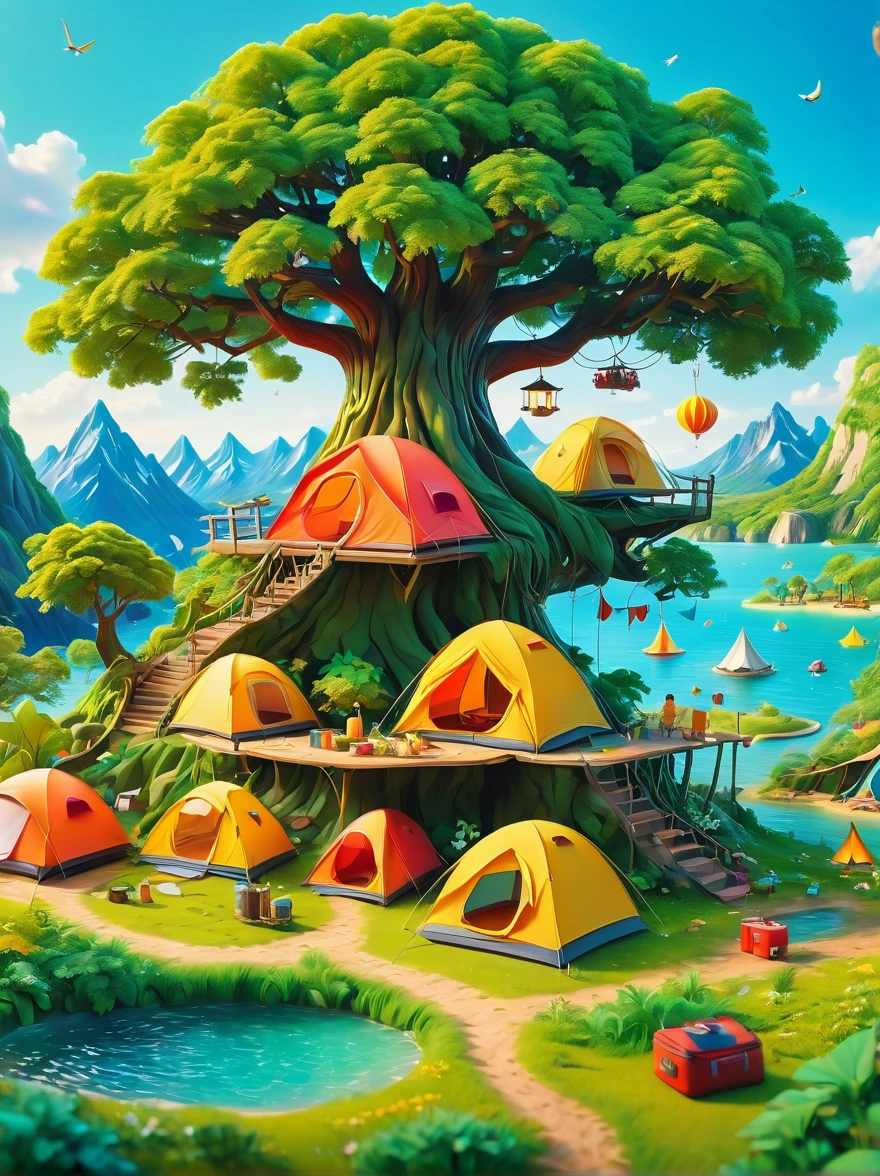 3D-Miniaturszene，Summer，Island，(Campingplätze und Zelte:1.5)，unter dem großen Baum，Übersichtlich geordnete Ware，Das Kind spielt，Glücklich，leuchtende Farben，Auffälliges Farbschema，Miniaturlandschaft mit Himmel als Hintergrund，Traumhaft realistische Szene，Alle mit Weitwinkelobjektiven und Tiefenschärfe gerendert，Erstellen Sie einen Illustrationsstil im Papierkunststil mit Axial-Shift-Fotografieeffekten und ultrascharfen Details，Helle Farben，Das Farbschema ist mutig