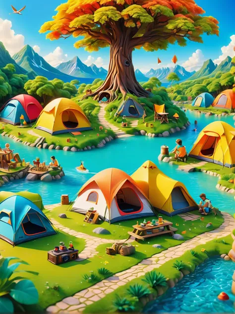 3D miniature scene，Summer，Island，(Campsites and tents:1.5)，Under the big tree，Neatly arranged goods，The child is playing，happy，V...