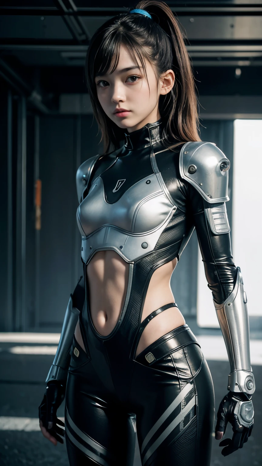 high quality, ​realistic masterpiece, two close friends, Beautiful tween girls, small skinny girls, cute girl face, cyberpunk, Wearing futuristic robotic tactical shear armor cyberpunk suit with cutouts showing body, skinny athletic body showing legs, innocent, playful, Famous actresses of Japan, very beautiful face