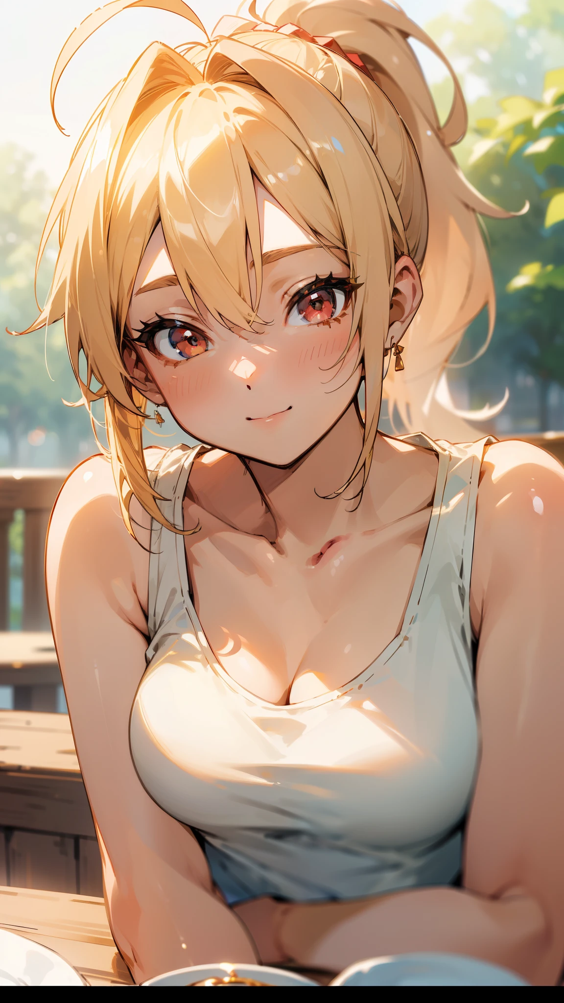 (masterpiece, highest quality)、Intricate details、8k、Sharp focus、(Bokeh) (highest quality) (Detailed skin:1.3) (Intricate details) (8k) (Fine grain) (anime)、Blonde ponytail、Ahoge、Beautiful red eyes、White tank top、Upper body close-up、Morning Cafe Terrace、Upper body close-up、Side body、A soft smile、smile