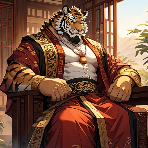 Solitary，tiger，hairy body，Furry Characters，Wearing Chinese emperor&#39;s dragon robe，Best image quality，serious，Eyes Details，Dro...