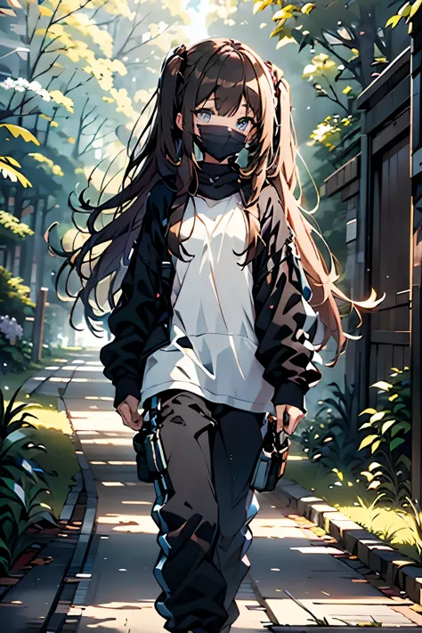 20y old walking throught the forest, sunshine, mountens

long brown hair, twin tails, blue eyes, black mask, exided

white t-shi...