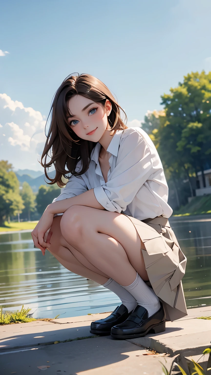 From the front, from below, white shirt, gray pleated skirt, white socks, loafer shoes, medium brown hair, blue eyes, sitting on knees, river bank, smiling