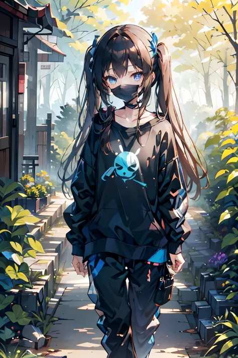 20y old walking throught the forest, sunshine, mountens

long brown hair, twin tails, blue eyes, black mask, exided

white t-shi...