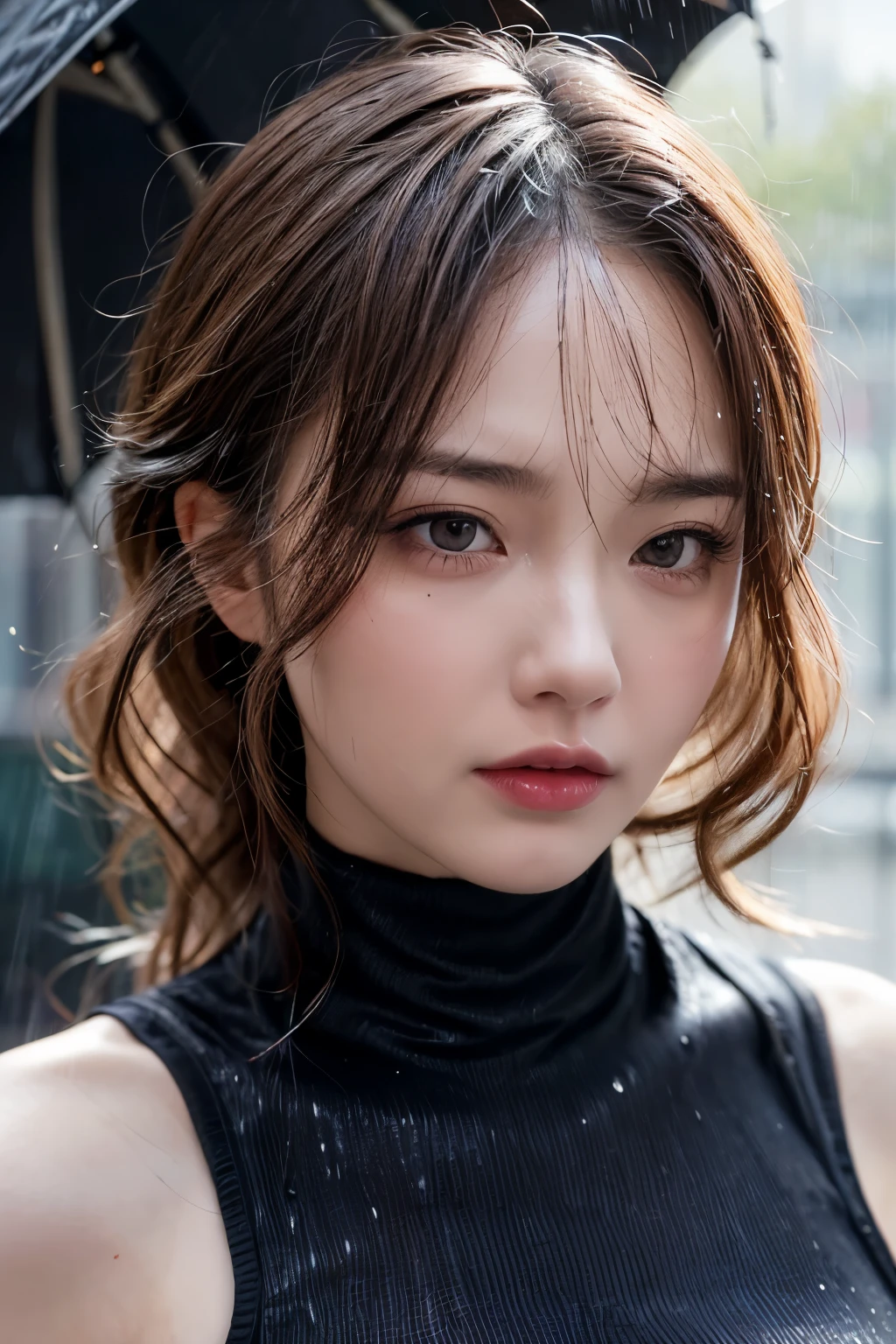 face focus, best quality, super fine, 16k, incredibly absurdres, extremely detailed, delicate and dynamic, beautiful woman with a hopeless expression, drenched by a sudden heavy rain, forehead, ivory messy wavy short wet hair, background cityscape in heavy rain