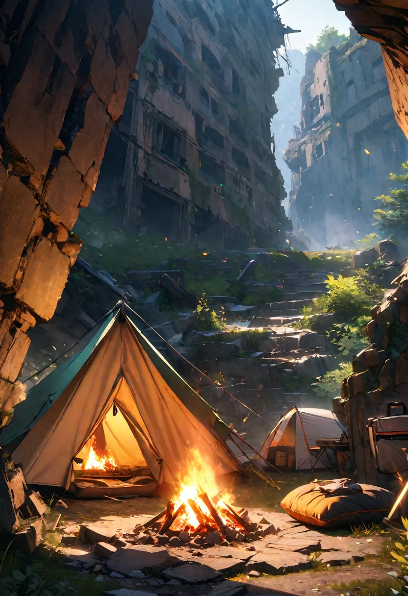 (highest quality,4K,8k,High resolution,masterpiece:1.2),Super detailed,Outdoor Camping, highest quality, Abandoned ruins, Outdoor Camping,Crumbled Temple、Morning Glow、Bonfire and tent