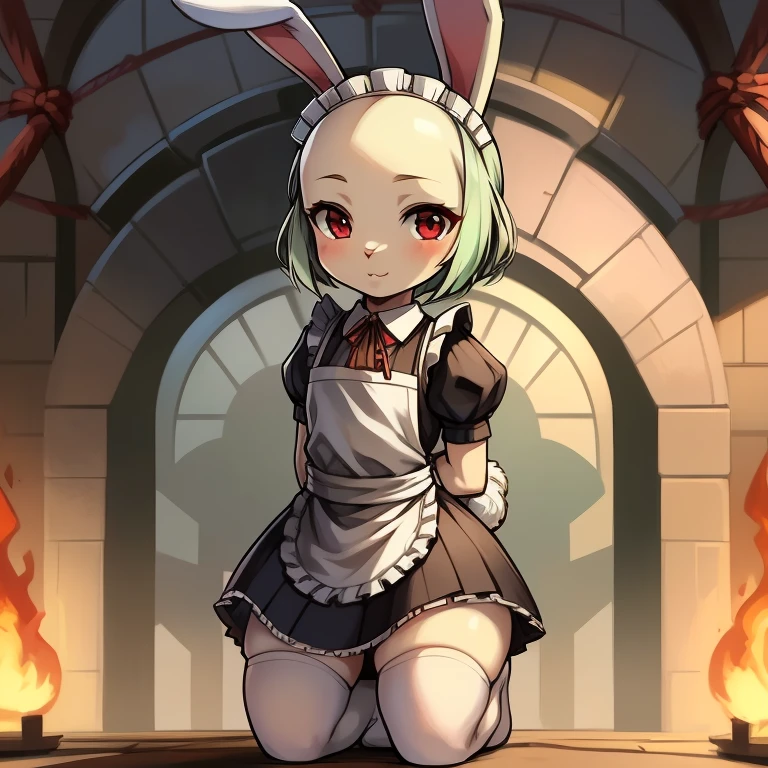 highest quality，masterpiece，(Manga style)，The only person，(Maid Skirt)，((White Stockings，White knee-length socks))，(small ，Ages 6 and up)，((Bald Head，Rabbit facial features，Physical characteristics of rabbits，Pale green body))，((No ears，Bunny ears))，(Sit on your knees，fold your hands behind your back，Rope Binding，bundle)，Red colored eyes，Bunny&#39;s Tail，Rabbit&#39;s foot，Ahegao，A lot of love juice running down her thighs，(remote_play))，remote-vibrating-egg，((Someone else's hand holding a pink round remote control:1.3))、Ecstatic expression，Accurate and detailed female fingers，