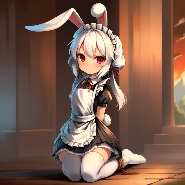 highest quality，masterpiece，(Manga style)，The only person，(Maid Skirt)，((White Stockings，White knee-length socks))，(small ，Ages 6 and up)，((Rabbit facial features，Physical characteristics of rabbits，White body))，((No ears，Bunny ears))，(Sit on your knees，fold your hands behind your back，Rope Binding，bundle)，Red colored eyes，Bunny&#39;s Tail，Rabbit&#39;s foot，Ahegao，A lot of love juice running down her thighs，(remote_play))，remote-vibrating-egg，((Someone else's hand holding a pink round remote control:1.3))、Ecstatic expression，Accurate and detailed female fingers，