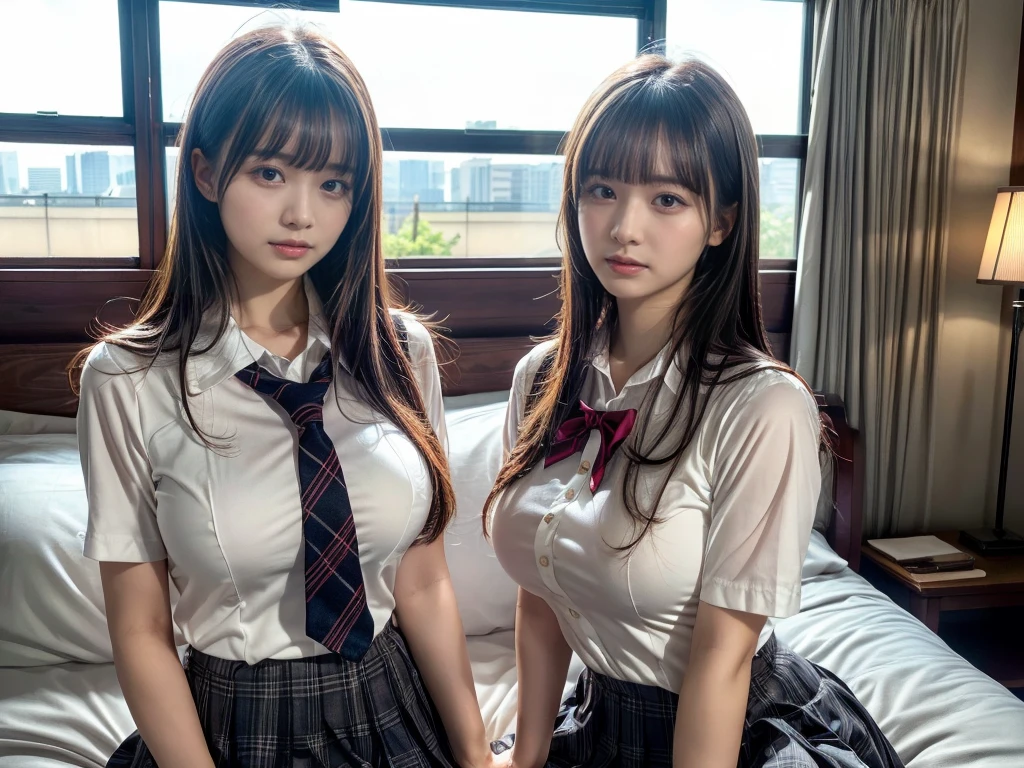 (RAW photo, 4k, masterpiece, high resolution, extremely complex) (realistic: 1.4), cinematic lighting
 ((2 girls, 2 schoolgirls)),Slam Dunk's,blushing,((innocent)),(Dark makeup),bright eyes,round eyes,blunt bangs,(straight hair:1.3),black hair,large breasts,wide hips,Summer Noon, 20 year old girl、cute type、lolita,Hot, (Best Quality), (Highres), (an Extremely Delicate and Beautiful),(Beautiful 8k face),(Brown eyes),short bob hair,( spectators),(gigantic breasts),(Play with each other,Touching each other's bodies,Touching the body),(Japanese high school uniform:1.3),blue skirt,(reality),bright lighting,(The background is a luxury hotel room)