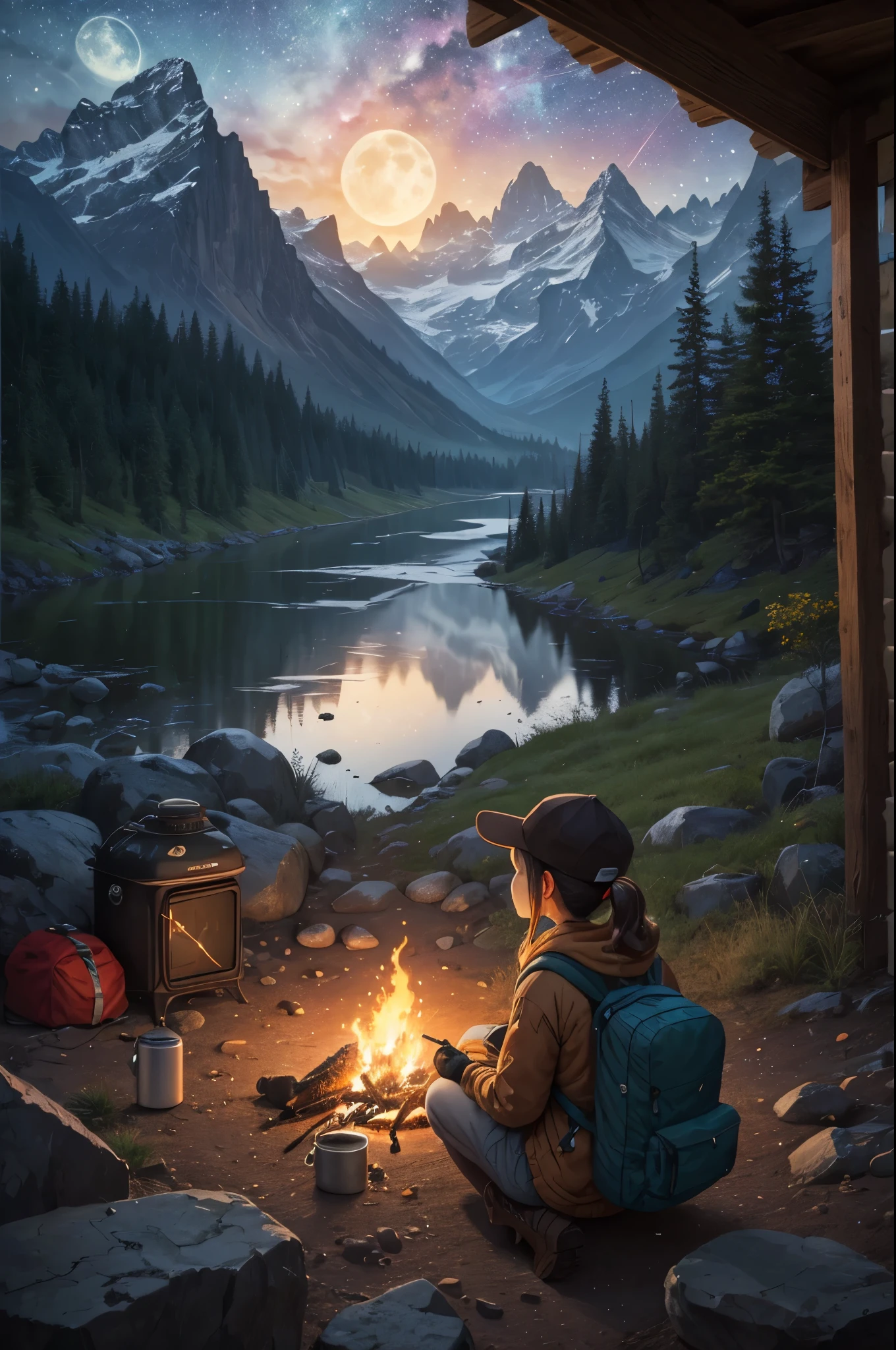 watercolor illustration,masterpiece,best quality,detailed background,ultra-detailed,illustration,1girl,solo,outdoors,camping,night,mountains,nature,stars,moon,bonfire,tent,twin ponytails,green eyes,cheerful,happy,backpack,sleeping bag,camping stove,water bottle,mountain boots,gloves,sweater,hat,flashlight,forest,rocks,river,wood,smoke,shadows,contrast,clear sky,constellations,Milky Way,peaceful,serene,quiet,tranquil,remote,secluded,adventurous,exploration,escape,independence,survival,resourcefulness,challenge,perseverance,stamina,endurance,observation,intuition,adaptability,creativity,imagination,artistry,inspiration,beauty,awe,wonder,gratitude,appreciation,relaxation,enjoyment,rejuvenation,mindfulness,awareness,connection,harmony,balance,texture,detail,realism,depth,perspective,composition,color,light,shadow,reflection,refraction,tone,contrast,foreground,middle ground,background,naturalistic,figurative,representational,impressionistic,expressionistic,abstract,innovative,experimental,unique,