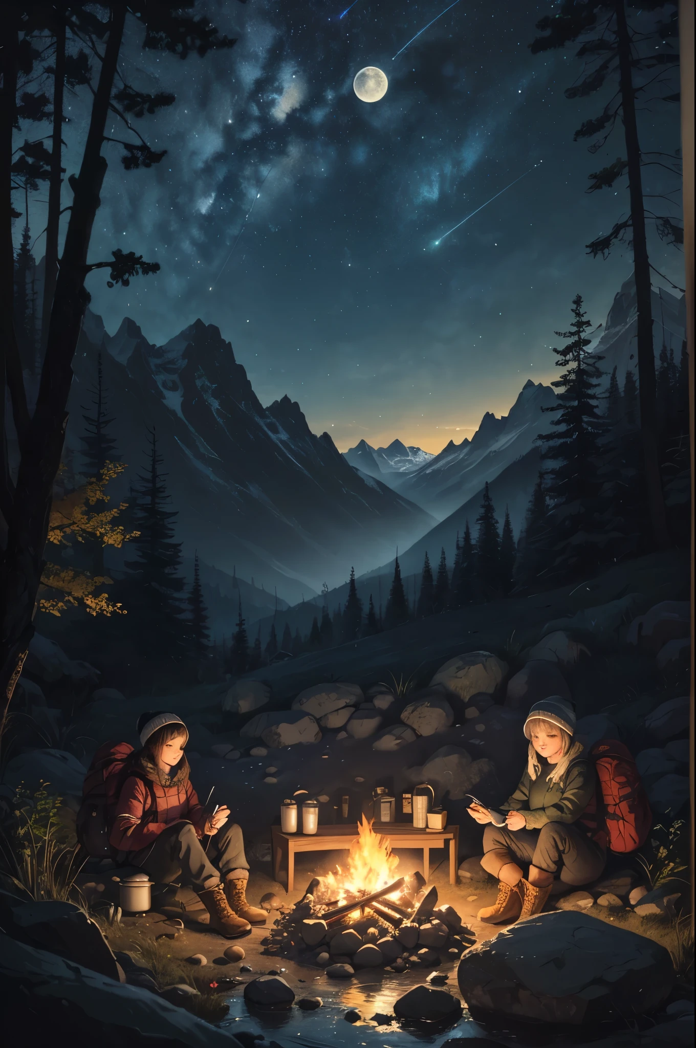 waterFarbe Illustration,Meisterwerk,beste Qualität,Detailed Hintergrund,ultra-Detailed,Illustration,1 Mädchen,Allein,draußen,Camping,Nacht,Berge,Natur,Sterne,Mond,Lagerfeuer,Zelt,Zwillingspferdeschwänze,grüne Augen,Heiter,Glücklich,Rucksack,Schlafsack,Camping stove,Wasserflasche,Bergschuhe,Handschuhe,Pullover,hat,flashLicht,Wald,Felsen,Fluss,Holz,Rauch,Schattens,Kontrast,klarer Himmel,constellations,Milchstraße,Friedlich,serene,ruhig,still,Fernbedienung,abgelegen,abenteuerlich,Erkundung,Flucht,Unabhängigkeit,Überleben,Einfallsreichtum,Herausforderung,Ausdauer,Ausdauer,Ausdauer,Überwachung,Intuition,Anpassungsfähigkeit,Kreativität,Vorstellung,Kunst,Inspiration,Schönheit,awe,wonder,Dankbarkeit,Anerkennung,Entspannung,Vergnügen,Verjüngung,Achtsamkeit,Bewusstsein,Verbindung,Harmonie,Gleichgewicht,Textur,Detail,Realismus,Tiefe,Perspektive,Komposition,Farbe,Licht,Schatten,Betrachtung,Brechung,Ton,Kontrast,Vordergrund,Mittelweg,Hintergrund,naturalistisch,bildlich,gegenständlich,impressionistisch,expressionistisch,abstrakt,innovativ,Experimental-,einzigartig,