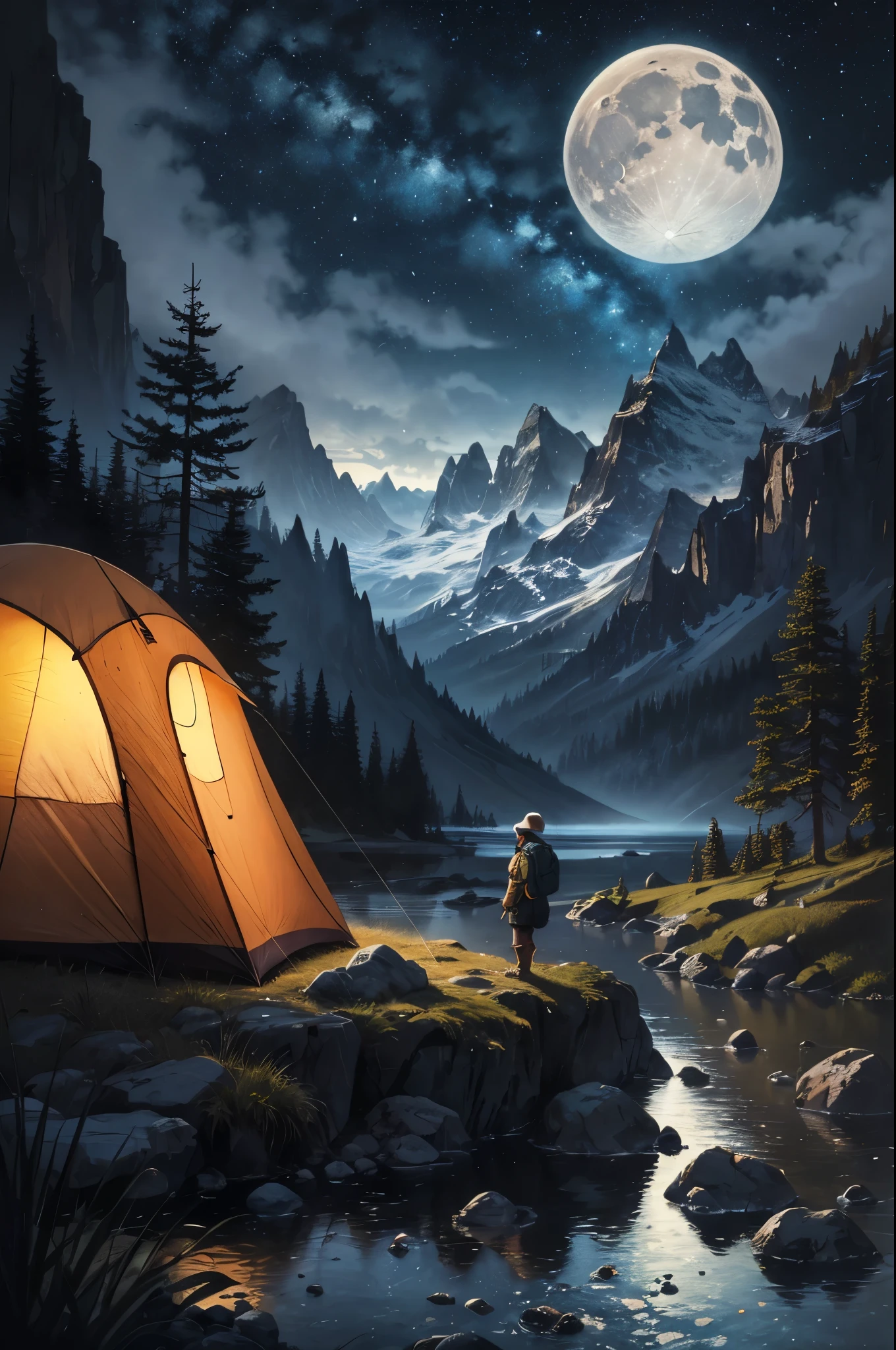 waterFarbe Illustration,Meisterwerk,beste Qualität,Detailed Hintergrund,ultra-Detailed,Illustration,1 Mädchen,Allein,draußen,Camping,Nacht,Berge,Natur,Sterne,Mond,Lagerfeuer,Zelt,Zwillingspferdeschwänze,grüne Augen,Heiter,Glücklich,Rucksack,Schlafsack,Camping stove,Wasserflasche,Bergschuhe,Handschuhe,Pullover,hat,flashLicht,Wald,Felsen,Fluss,Holz,Rauch,Schattens,Kontrast,klarer Himmel,constellations,Milchstraße,Friedlich,serene,ruhig,still,Fernbedienung,abgelegen,abenteuerlich,Erkundung,Flucht,Unabhängigkeit,Überleben,Einfallsreichtum,Herausforderung,Ausdauer,Ausdauer,Ausdauer,Überwachung,Intuition,Anpassungsfähigkeit,Kreativität,Vorstellung,Kunst,Inspiration,Schönheit,awe,wonder,Dankbarkeit,Anerkennung,Entspannung,Vergnügen,Verjüngung,Achtsamkeit,Bewusstsein,Verbindung,Harmonie,Gleichgewicht,Textur,Detail,Realismus,Tiefe,Perspektive,Komposition,Farbe,Licht,Schatten,Betrachtung,Brechung,Ton,Kontrast,Vordergrund,Mittelweg,Hintergrund,naturalistisch,bildlich,gegenständlich,impressionistisch,expressionistisch,abstrakt,innovativ,Experimental-,einzigartig,