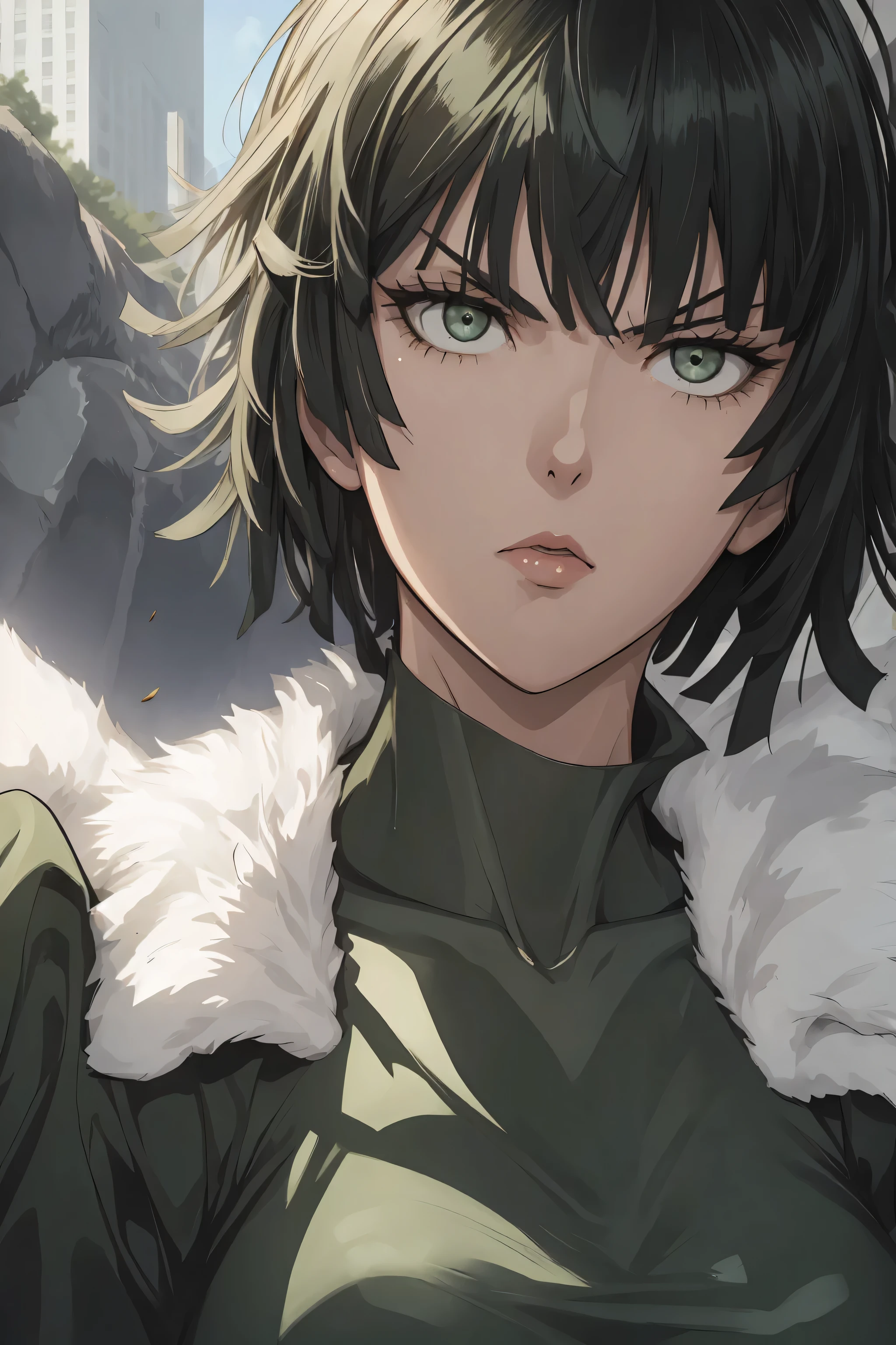 Fubuki de One Punch Man, ojos verdes, pelo corto de color verde oscuro, usando un vestido con cuello en V, sentado en una ciudad destruida, cinematic shadow, Cinematic Fog, mejillas sonrojadas, blushing expression, dynamic pose, pecho grande, Caderas grandes, NSFW.