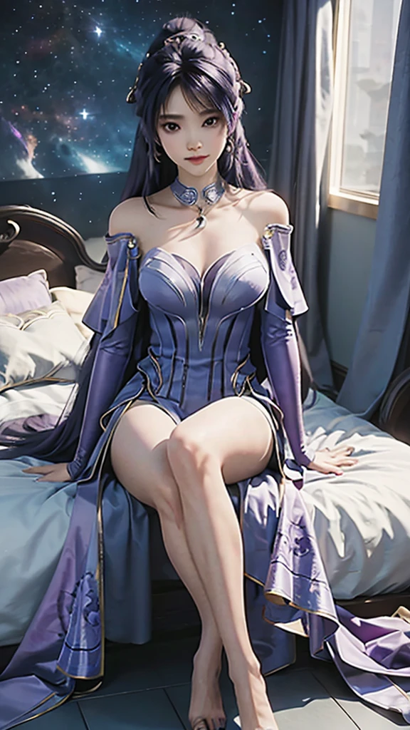 Ultra HD, 8K picture quality, A girl, Happy, Very long blue-purple hair, Blurry Purple Dress, Delicate eyes, Sitting,Sitting on the bed， （（whole body）），barefoot，whole body cross legs，Unreal Engine 5,Background cosmic galaxy，background illusory，Thigh black，Black silk legs，Tulle draped over shoulders，Does not expose the sulcus，Black stockings，（（Long black stockings））