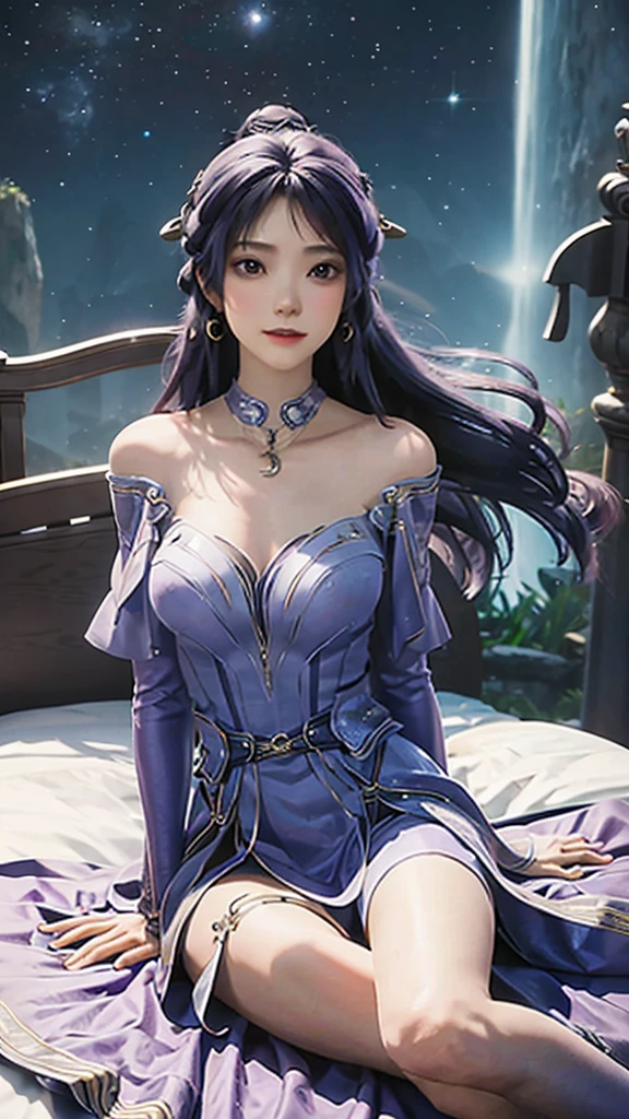 Ultra HD, 8K picture quality, A girl, Happy, Very long blue-purple hair, Blurry Purple Dress, Delicate eyes, Sitting,Sitting on the bed， （（whole body）），barefoot，whole body cross legs，Unreal Engine 5,Background cosmic galaxy，background illusory，Thigh black，Black silk legs，Tulle draped over shoulders，Does not expose the sulcus，Black stockings，（（Long black stockings））