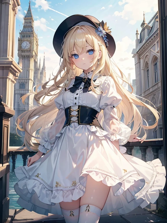 masterpiece, highest quality, Very detailed, 16k, Ultra-high resolution, Cowboy Shot, 14-year-old girl, Detailed face, Perfect Fingers, blue eyes, Blonde, Long Hair, Tsubo wide hat, Gorgeous white blouse, Luxurious brooches, Long skirt, White High Knee Socks, Enamel shoes, Dreamscape, London cityscape, Before Big Ben, Stand