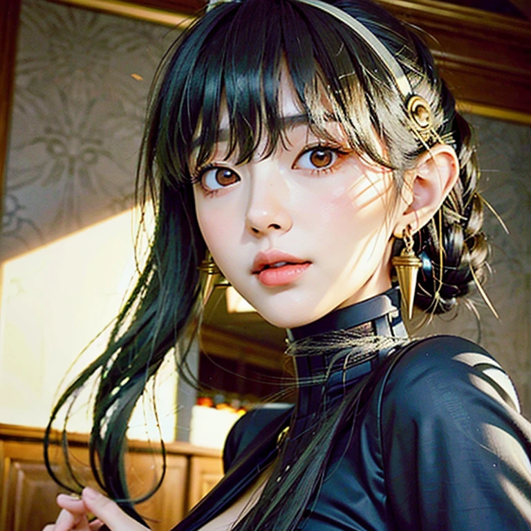a beautiful young girl with large, expressive eyes, delicate facial features, and fluffy chestnut hair posing confidently while wearing a Spy x Family Yol Forger costume, the image captured as a high-quality, realistic SLR photograph with exceptional detail, vivid colors, and perfect balance, showcasing the girl's striking beauty and the intricate costume design, the lighting and composition drawing the viewer's attention to the subject's captivating gaze.