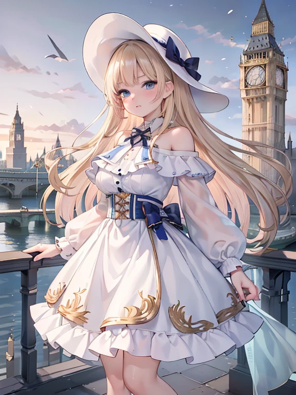 masterpiece, highest quality, Very detailed, 16k, Ultra-high resolution, Cowboy Shot, 14-year-old girl, Detailed face, Perfect Fingers, blue eyes, Blonde, Long Hair, Tsubo wide hat, Gorgeous white blouse, Luxurious brooches, Long skirt, Enamel shoes, Dreamscape, London cityscape, Before Big Ben, Stand