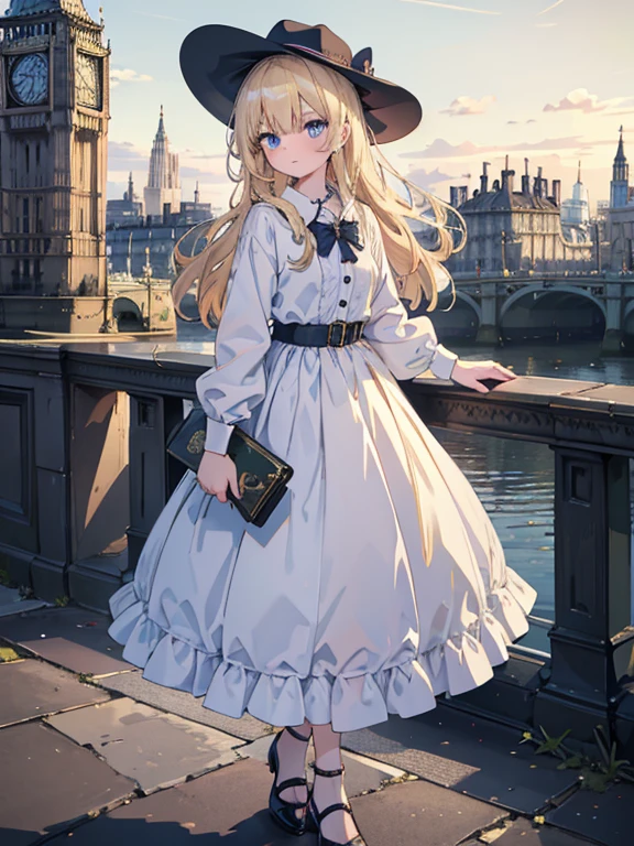 masterpiece, highest quality, Very detailed, 16k, Ultra-high resolution, Cowboy Shot, 14-year-old girl, Detailed face, Perfect Fingers, blue eyes, Blonde, Long Hair, Tsubo wide hat, Gorgeous white blouse, Luxurious brooches, Long skirt, Enamel shoes, London cityscape, b1gb3, Before Big Ben, Stand