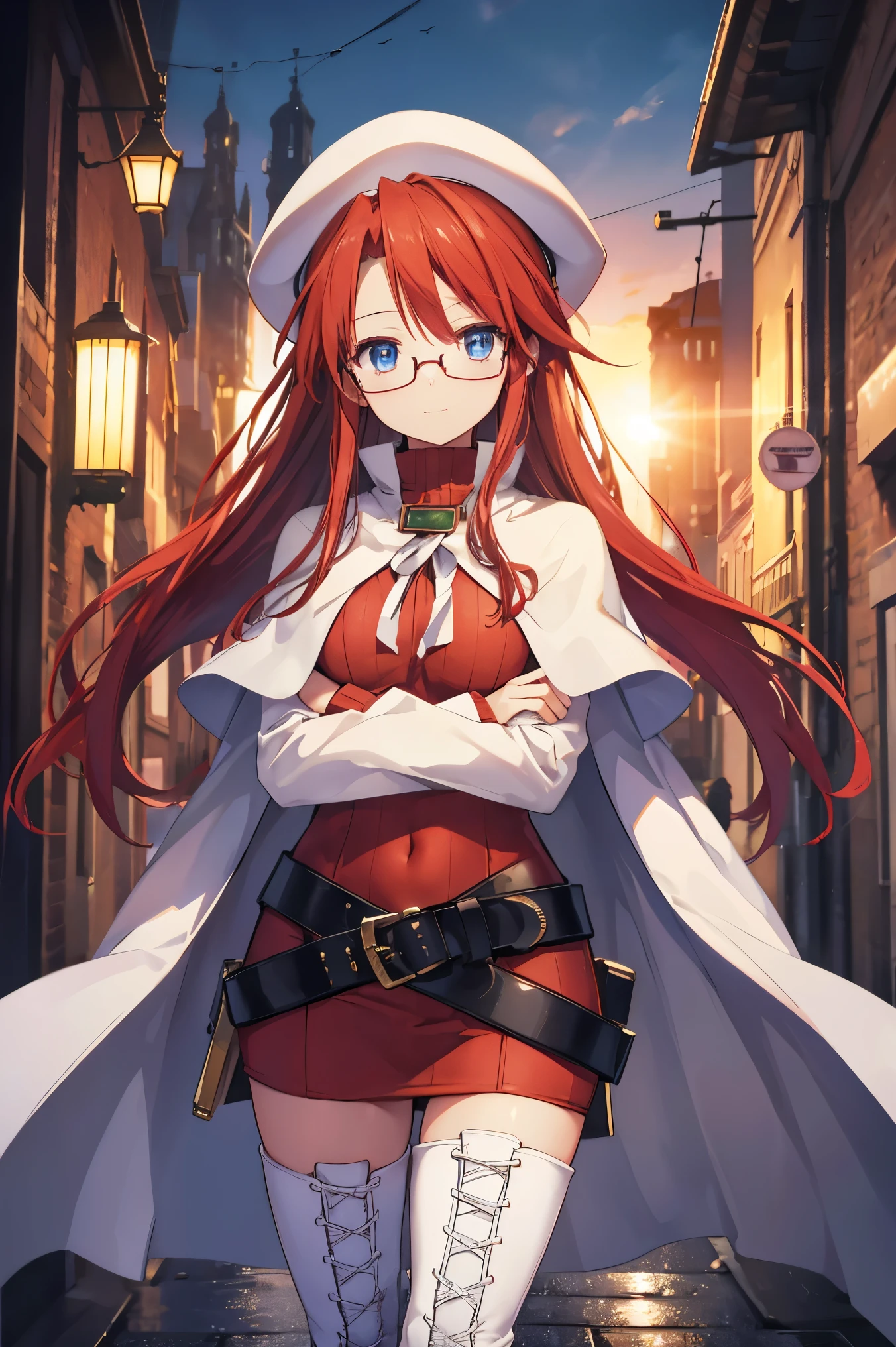 summonnightaty, aty, (young:1.3),long hair, blue eyes, red hair, large_beret, hat, glasses,
BREAK long hair, thighhighs, hat, dress, boots, glasses, belt, cape, sweater, zettai ryouiki, beret, thigh boots, white footwear, ribbed sweater, loose belt,solo,
BREAK outdoors, fantasy,on_cobblestone
,,Highquality_hads,perfect_fingers,
BREAK (masterpiece:1.2), best quality, high resolution, unity 8k wallpaper, (illustration:0.8), (beautiful detailed eyes:1.6), extremely detailed face, perfect lighting, extremely detailed CG, (perfect hands, perfect anatomy),covered_nipples,covered_navel ,half_eyes,long_sword,sleepy,standing,barrel,red_sweater,apart_knees,magical_effect,spread_legs, have_a_book,teacher,rise_knee,Smile,rise_hand,look_down_viewer,spread_arms,