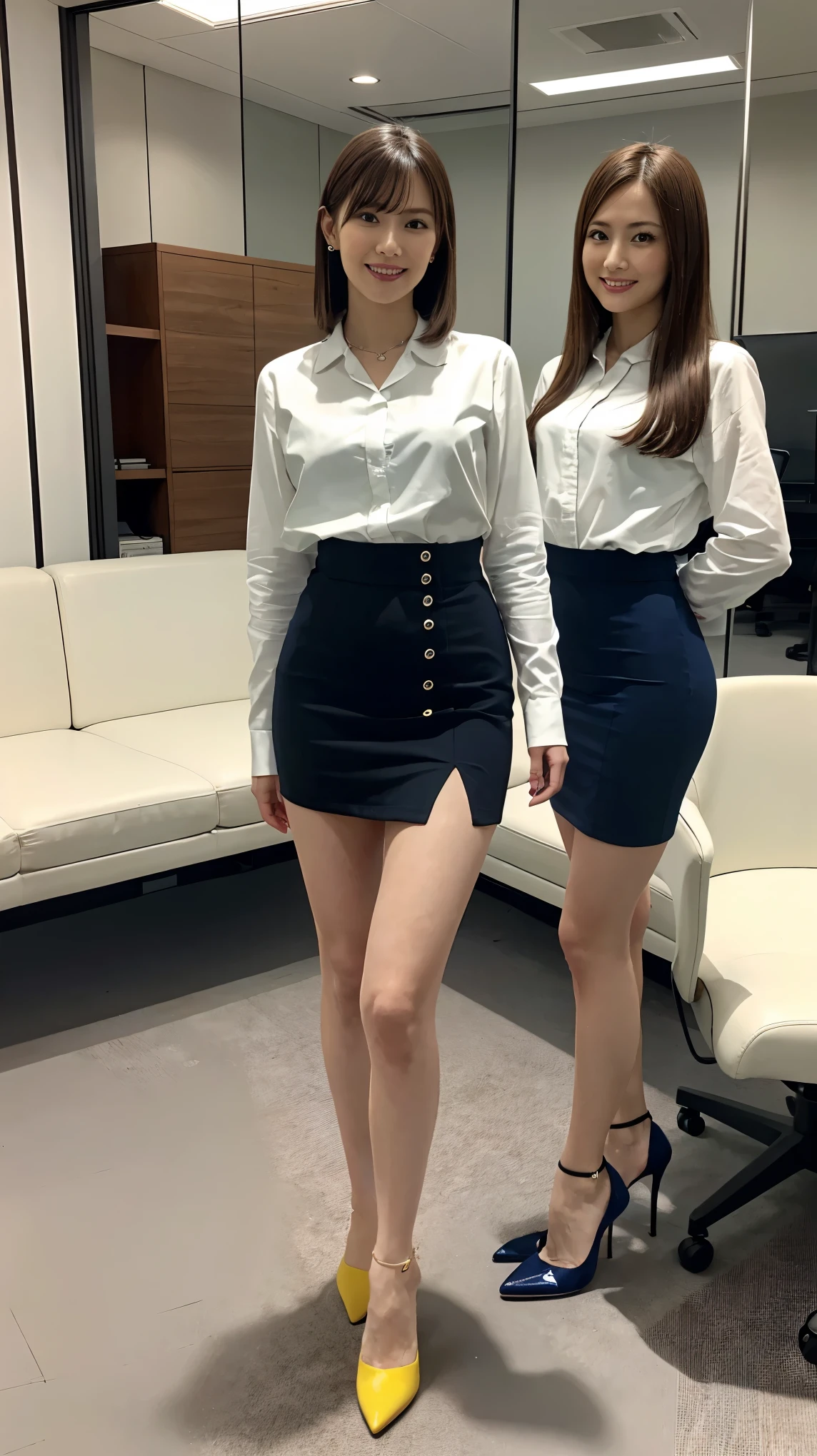 Two asian women in short skirts and high heels posing for a picture -  SeaArt AI