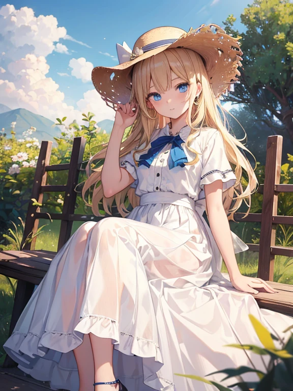 masterpiece, highest quality, Very detailed, 16k, Ultra-high resolution, Cowboy Shot, 14-year-old girl, Detailed face, Perfect Fingers, blue eyes, Blonde, Long Hair, Straw hat, Gorgeous white blouse, Luxurious brooches, Long skirt, Enamel shoes, polar animals, Kenya&#39;s Grasslands, elephant, giraffe, Lion, zebra, Rhino, impala