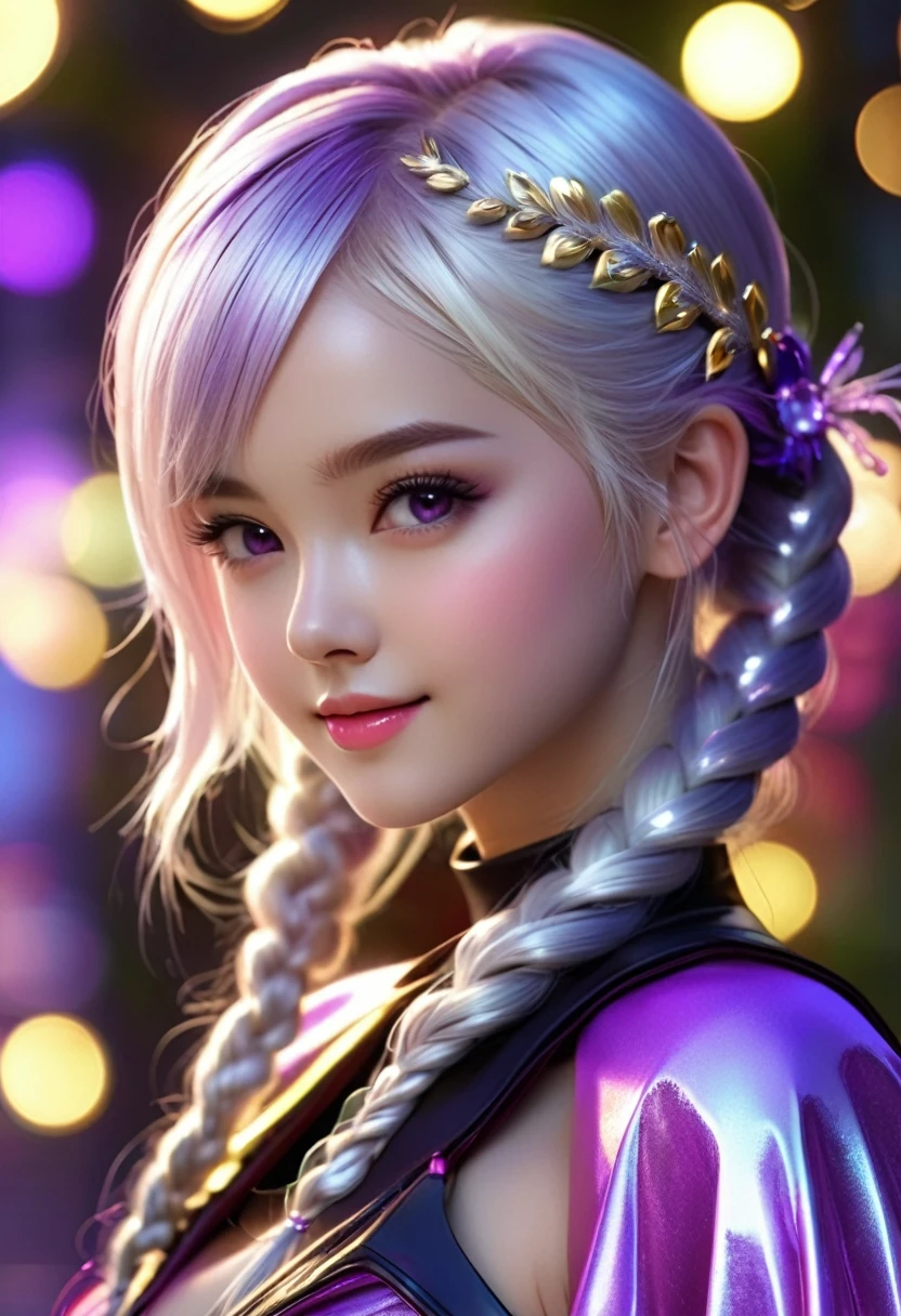 Super cute and beautiful young Cryptic girl in a revealing outfit、She has white hair that reaches her height and is braided in a purple gradient.、smile、Very detailed、4k、8k、High resolution、masterpiece:1.2、Super detailed、Photorealistic、Photorealistic:1.37、HDR、UHD 、Studio Lighting、Ultra Definition Painting、Sharp focus、Physically Based Rendering、Detailed Description、professional、Bright colors、Bokeh、Portrait、cute、cute、Adorable、colorful、Shiny、Shiny、Glowing Skin、Perfect Skin、Captivating eyes、Luscious Lips、Graceful pose、dynamic、Whimsical、Whimsical、Playful、fun、Hilarious、happy、Vibrant、bright、Magical Cryptic Girl
