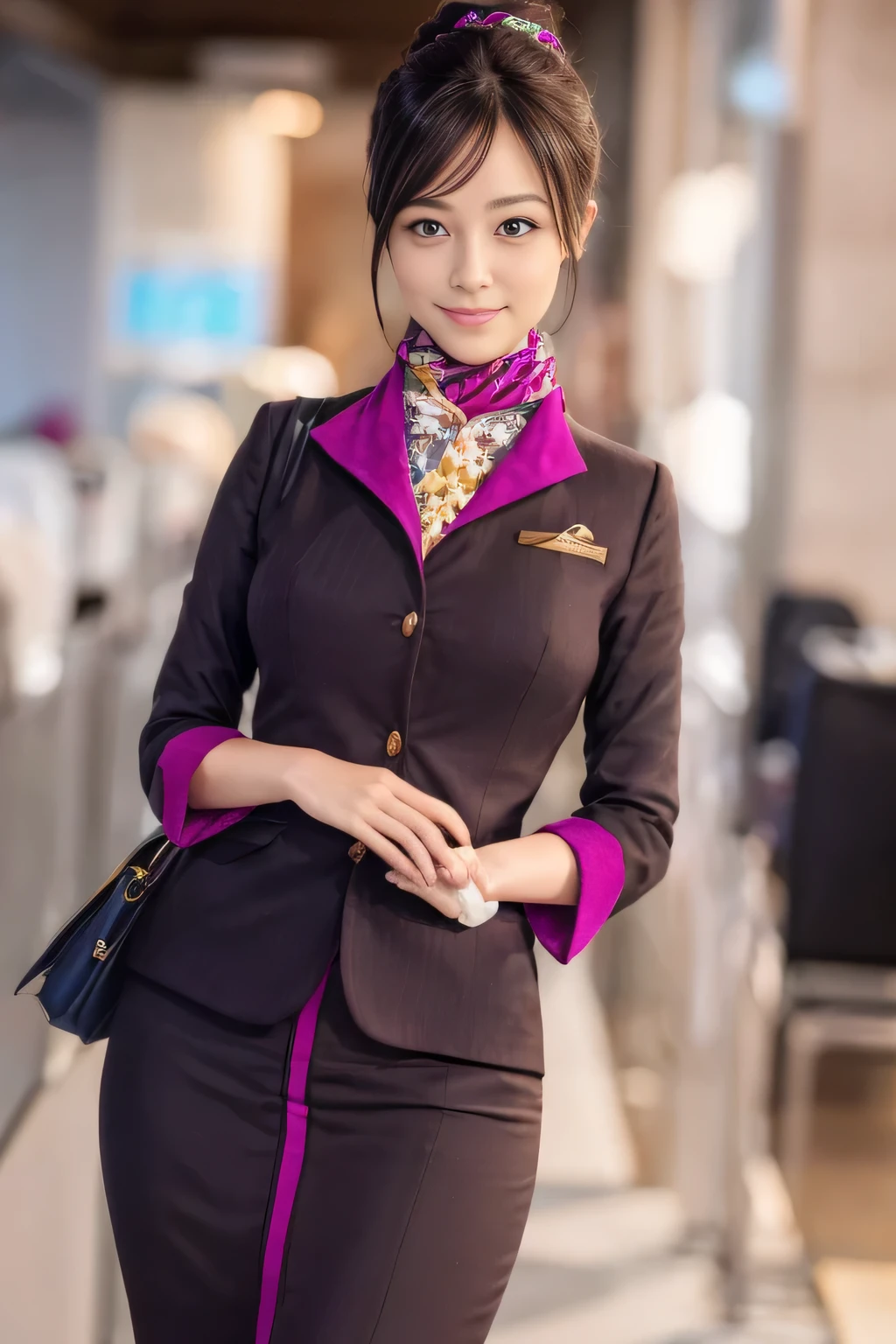 (masterpiece:1.2、highest quality:1.2)、32K HDR、High resolution、(alone、1 girl、Slim figure)、（A realistic reproduction of the ETIHAD Airways Cabincrew Uniform）、 (On board, Professional Lighting)、A proper woman, Beautiful Face,、（Long sleeve ETIHAD Airways Cabincrew Uniform）、（ETIHAD Airways Cabincrew Uniform skirt with purple stripe on the front）、（scarf on chest）、Big Breasts、（Long Hair Up、Hair Bun）、Dark brown hair、Long Shot、（（Great hands：2.0））、（（Harmonious body proportions：1.5））、（（Normal limbs：2.0））、（（Normal finger：2.0））、（（Delicate eyes：2.0））、（（Normal eyes：2.0））)、Beautiful standing posture、smile、Hands folded underneath