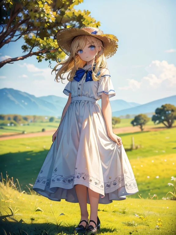 masterpiece, highest quality, Very detailed, 16k, Ultra-high resolution, Cowboy Shot, 14-year-old girl, Detailed face, Perfect Fingers, blue eyes, Blonde, Long Hair, Straw hat, Gorgeous white blouse, Luxurious brooches, Long skirt, Enamel shoes, polar animals, Kenya, grassland, (Savanna animals in the background), elephant, The girl is in front