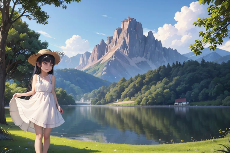 ((ruri gokou)), long hair, blush, black hair, 1girl, pants, mole, mole under eye, (Straw hat), Awning hat, (sundress), dress, (white dress), Outdoor, camp, Beautiful Mountain々, background, The set up tent, clear々A beautiful morning, Light shines in, In front of the tent, coffee, Have fun, landscape, nature, quiet, picnic, Relaxation, refreshing, early morning, Calm, scenery, relax, fresh, Morning, Sunrise, hiking, Adventure, blue sky, fresh air, Journey, Majestic, Lush