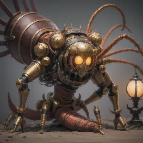 a close up of a golden spider with a 紫粉白 body and legs, steampunk spider, Mechanical spider red and white legs, arachnid, lolth,...