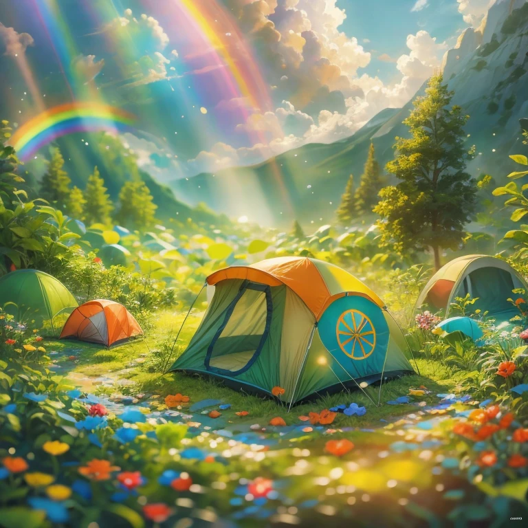 best quality, masterpiece, Camping outdoors in a furry dream world, It feels like being on a carpet of colorful clouds, smile sunshine, Rainbow, fantasy