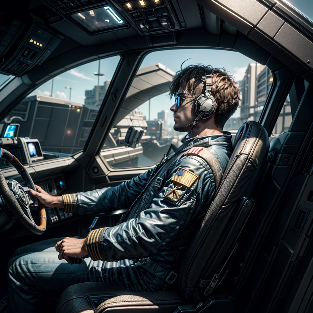 male pilot with navigation device in hand, sitting in the spaceship chair, back view, Masterpiece, best quality, (highly detailed CG unity 8k wallpaper), (best quality), (best illustration), (best shadows), isometric 3D , octane rendering, ray tracing, highly detailed, 