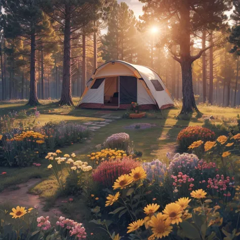 best quality, masterpiece, camping outdoors in a furry dream world, it feels like being on a carpet of colorful clouds, smile su...