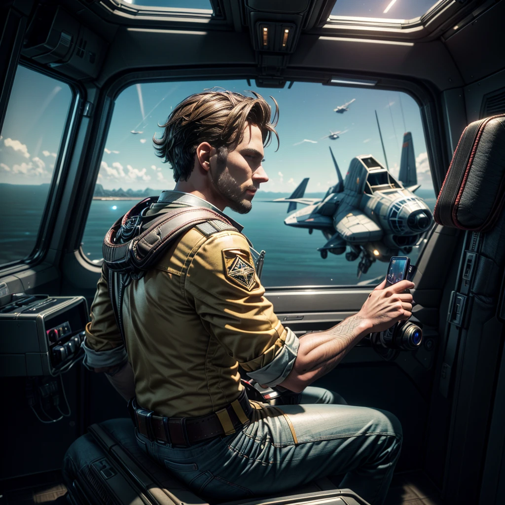 male pilot with navigation device in hand, sitting in the spaceship chair and view in camera, back view, Masterpiece, best quality, (highly detailed CG unity 8k wallpaper), (best quality), (best illustration), (best shadows), isometric 3D , octane rendering, ray tracing, highly detailed, 