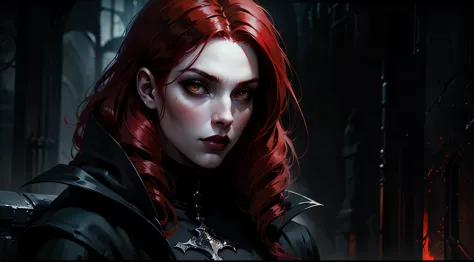 Woman with red hair and yellow eyes in black outfit, Vampire Girl, Dark, But detailed digital art, dark fantasy style art, Portr...