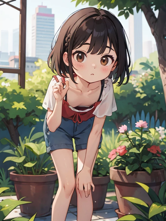 (masterpiece:1.2, highest quality), (Very detailed:1.3), 1 girl, Baby Face，Round face，Big round eyes，Very flat chest，short hair，Black Hair，Brown eyes closed:1.2，Very small short stature，Very thin limbs， Thin thighessy Hair, Braiding, Loose Camisole, Leaning forward, Nipples, Long down blouse，garden
