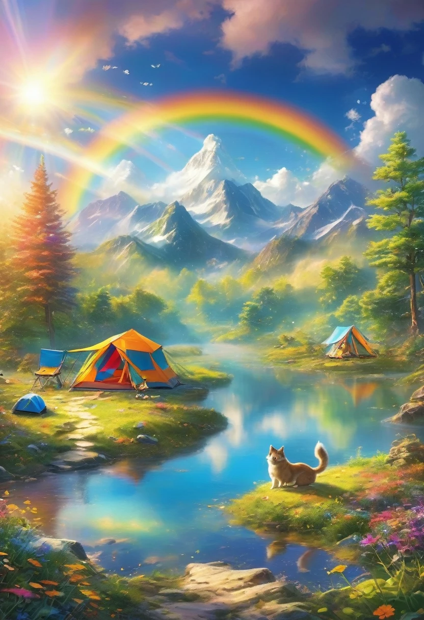 best quality, masterpiece, Camping outdoors in a furry dream world, It feels like being on a carpet of colorful clouds, smile sunshine, Rainbow, fantasy